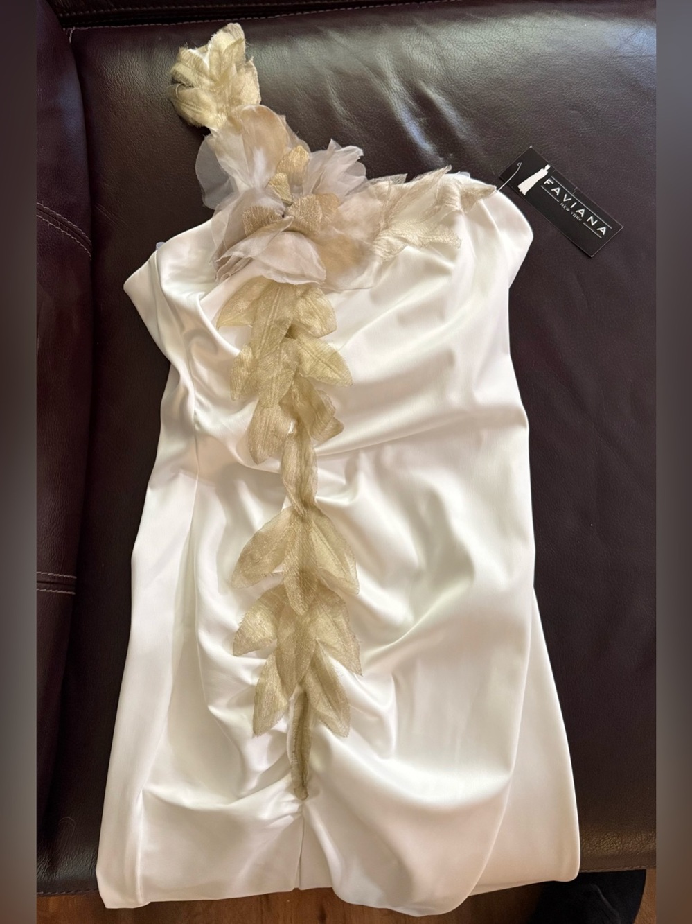 Stunning Faviana one shoulder Dress with Gold Floral Trim